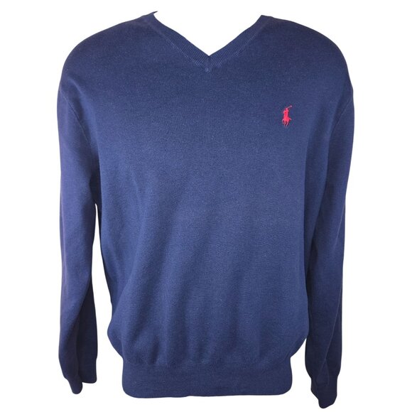 Polo Ralph Lauren Mens Navy V-Neck Sweater Large Pima Cotton - Picture 1 of 7
